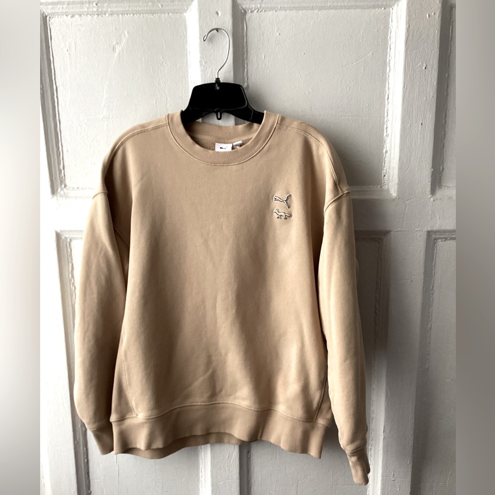 Puma X MAISON KITSUNE Tan Crewneck Sweater with Embroidered Detail